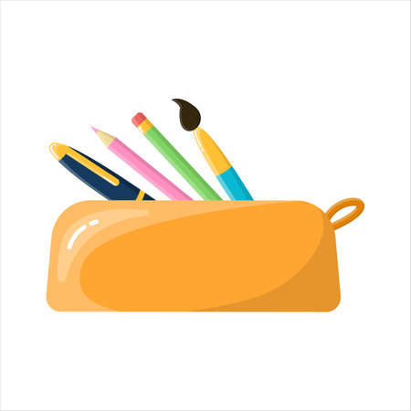 Pencil case for writing materials. School pencil case with pen, pencils and brush. In the style of the cartoon. Isolated on a white background.のイラスト素材