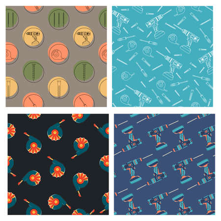 A set of patterns with construction tools. Tape measure, centimeter tape, Screwdriver, electric screwdriver, drill, self-tapping screw. Colorful set.のイラスト素材