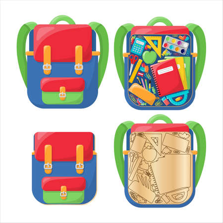 Wooden toy writing supplies in a school backpack. Bright and colorful backpack. In the style of a cartoon. Isolated on a white background. Educational toy inserts.のイラスト素材
