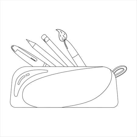 Pencil case for writing materials. School pencil case with pen, pencils and brush. Painting for coloring. Isolated on a white background. Coloring.のイラスト素材