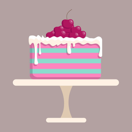 Delicious cake with cream and cherries. Multi-colored cakes. Cherry cake on a platter. Creamy cream...