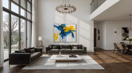 Interior of modern living room with sofa and armchair 3D renderingの素材