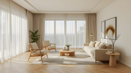 Interior of modern living room with white walls, wooden floor, comfortable beige sofa and coffee table. 3d renderingの素材