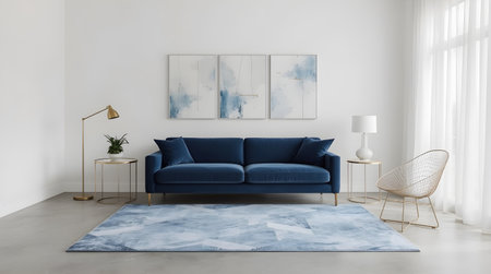 Interior of modern living room with blue sofa. 3d renderの素材