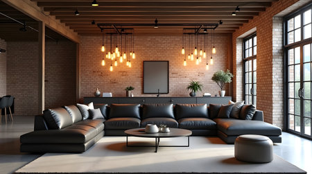 Interior of modern living room with brick wall, 3d renderの素材