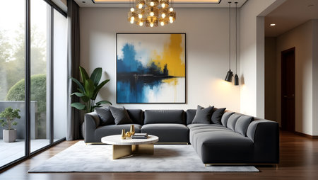 Interior of modern living room with black sofa, coffee table and painting on wall. 3d renderingの素材