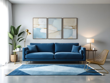 Interior of modern living room with blue sofa and poster on wallの素材