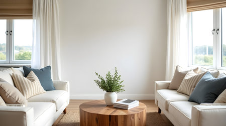 Interior of living room with white sofa and coffee table, 3d renderの素材