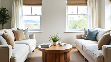 Interior of modern living room with white sofa, coffee table and plantの素材
