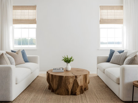 Interior of modern living room with white walls, wooden floor, white sofa and round coffee table. 3d renderの素材