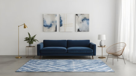 Interior of modern living room with blue sofa. 3d renderの素材