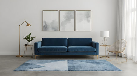 Interior of modern living room with blue sofa 3d render illustrationの素材