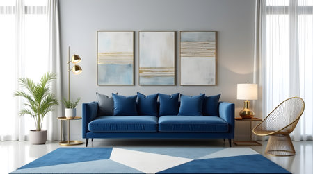 Interior of modern living room with blue sofa, 3d renderの素材