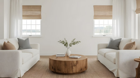 Interior of modern living room with white sofa and wooden coffee tableの素材