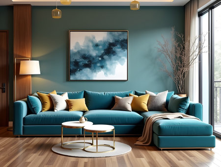 Interior of modern living room with blue sofa 3D rendering imageの素材