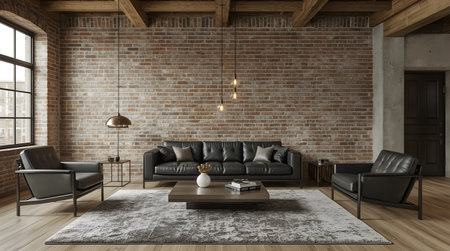 Interior of modern loft living room with brick walls, wooden floor, black leather sofa and coffee table. 3d renderingの素材