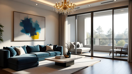 modern bright interiors apartment Living room 3D rendering illustration computer generated imageの素材