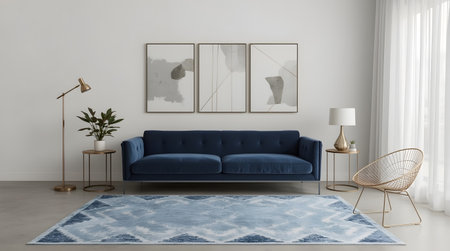 modern living room with blue sofa, 3d render illustration mock upの素材