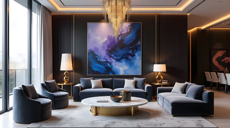 Luxury living room interior with black armchairs and round coffee table. 3d renderingの素材