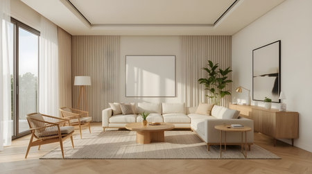 Interior of modern living room with white walls, wooden floor, comfortable beige sofa standing near round coffee table and two vertical mock up posters. 3d renderingの素材