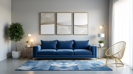 Interior of modern living room with blue sofa 3d render illustrationの素材