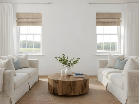 Modern living room interior with white walls, wooden floor, white sofa and coffee table. 3d renderの素材