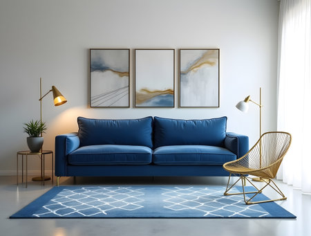 Interior of modern living room with blue sofa 3d render illustrationの素材