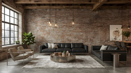 Modern loft interior design with black leather sofa, coffee table and brick wall. 3D Renderingの素材