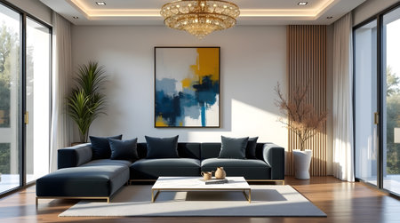 Modern bright interiors 3D rendering illustration. Living room with sofaの素材