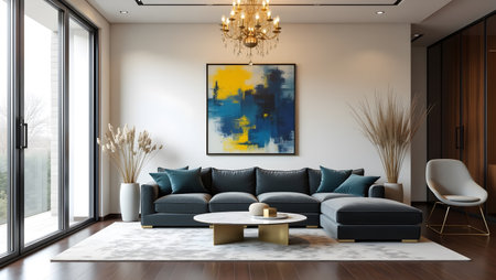 Interior of modern living room with blue sofa. 3d renderingの素材