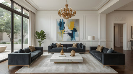 Modern living room interior design with furniture, 3d render illustration.の素材