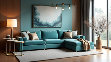 interior with blue sofa, 3d render and illustration mock upの素材
