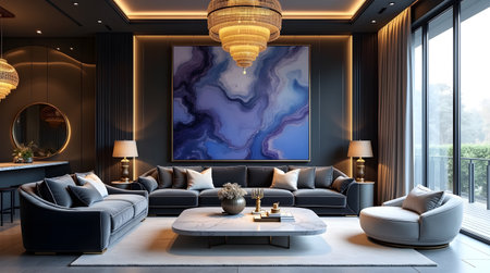 Luxury living room interior design with blue marble pattern wall. 3d renderingの素材