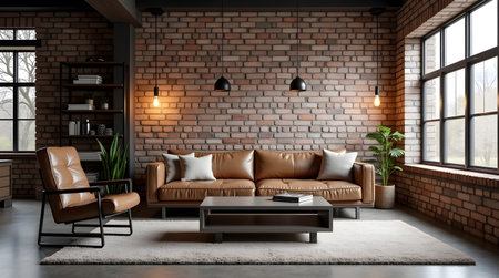 Interior of modern living room with brick wall and brown leather sofa 3D renderingの素材