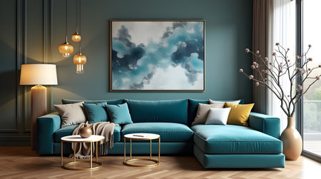 Interior of modern living room with blue sofa and coffee table 3D renderingの素材