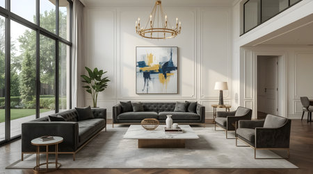 Modern living room interior design with black sofa, armchairs and coffee table. 3d renderingの素材