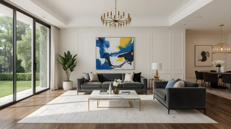 Modern living room interior design. 3d render illustration mock up.の素材