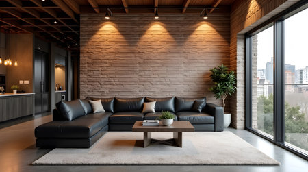 Modern living room interior design with black sofa and coffee table 3D renderingの素材