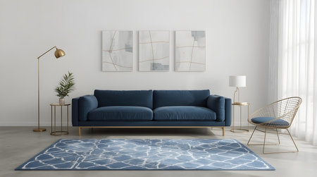 Interior of modern living room with blue sofa 3d render illustrationの素材