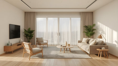Interior of modern living room with wooden floor, 3d renderの素材