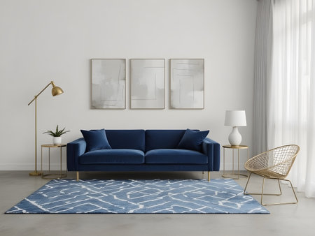 Interior of modern living room with blue sofa and white walls, 3d renderの素材