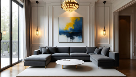 Living room interior design with black sofa, coffee table and lamp. 3D rendering.の素材