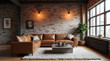 Modern living room interior design with brown leather sofa, coffee table and brick wall. 3D Renderingの素材