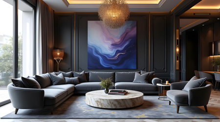 Luxury living room interior with black sofa, armchairs, coffee table and poster. 3d renderingの素材