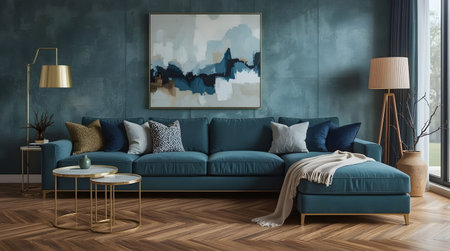 interior with blue sofa, 3d illustration ,renderingの素材