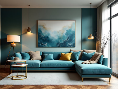 interior of modern living room with blue sofa, 3d renderの素材
