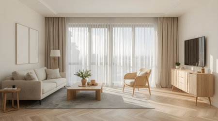 Interior of modern living room with white walls, wooden floor, beige sofa and coffee table with plant. 3d renderingの素材