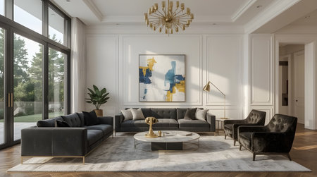 Luxury living room with black sofa, armchairs and white walls. 3d renderingの素材