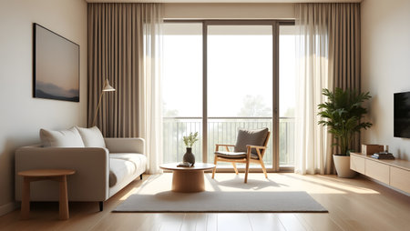 modern bright interiors apartment living room 3D rendering computer generated imageの素材