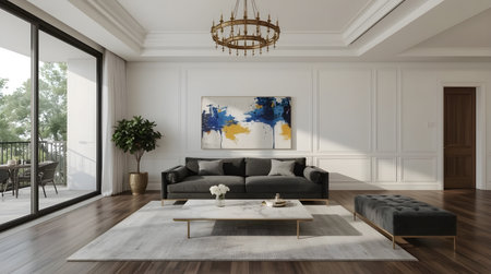 3d render of modern living room with white walls and wooden floorの素材